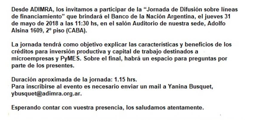 Jornadas de Difusión sobre líneas de  Financiamiento del Banco de la Nación ( BNA )